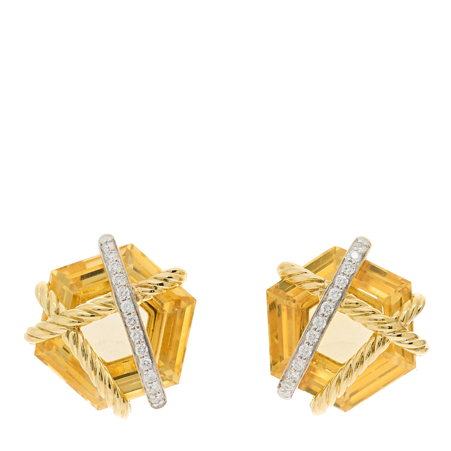 David Yurman 18K Yellow Gold Diamond Champagne Citrine 14mm Cable Wrap Earrings 1 of 4