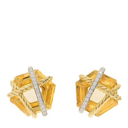 David Yurman 18K Yellow Gold Diamond Champagne Citrine 14mm Cable Wrap Earrings 1 of 4