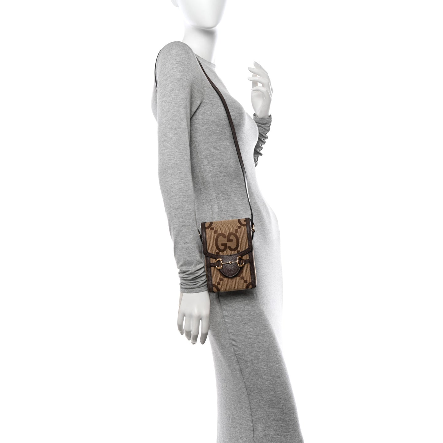Monogram Jumbo GG Textured Dollar Calfskin Mini Horsebit 1955 Crossbody Bag Camel Ebony New Acero