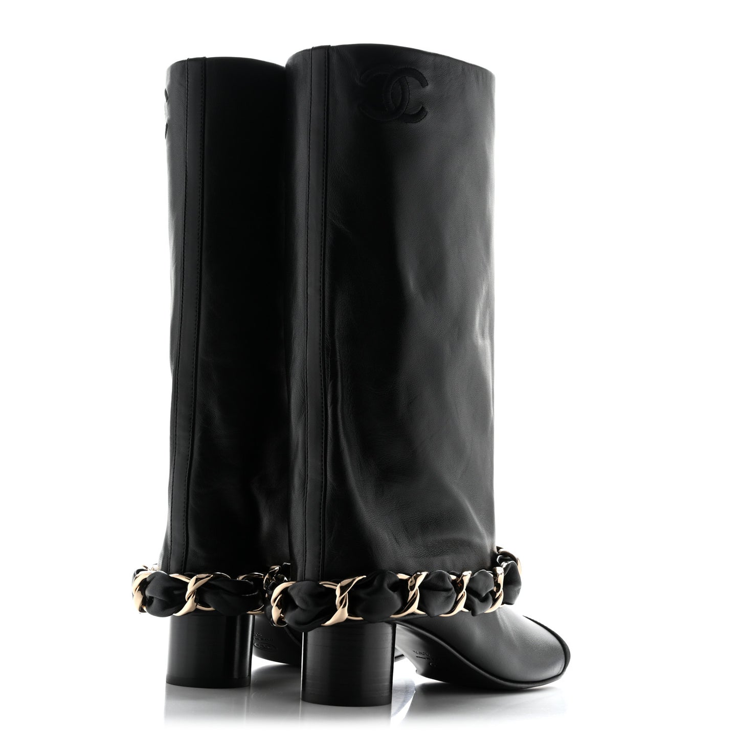 Lambskin Grosgrain Cap Toe Chain High Boots  39.5 Black