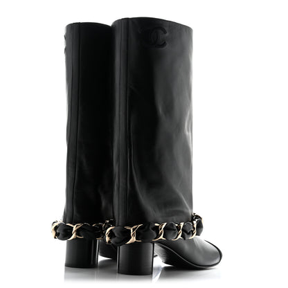 Chanel Lambskin Grosgrain Cap Toe Chain High Boots  39.5 Black 4 of 9