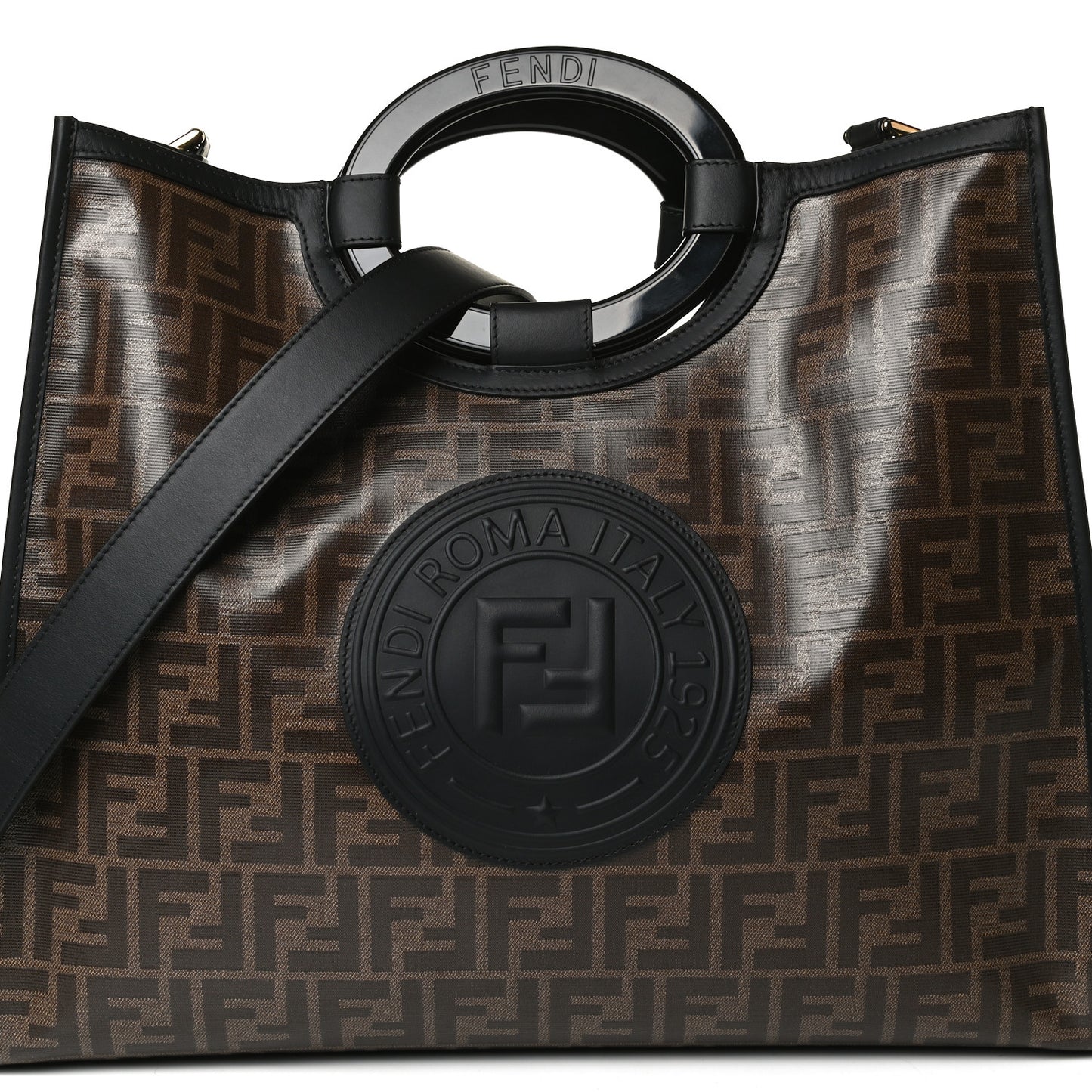 Glazed Fabric Vitello Century Plexiglass FF 1974 Stamp Patch Medium Runaway Shopper Tote Mogano Panna Black