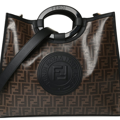 Fendi Glazed Fabric Vitello Century Plexiglass FF 1974 Stamp Patch Medium Runaway Shopper Tote Mogano Panna Black 9 of 17