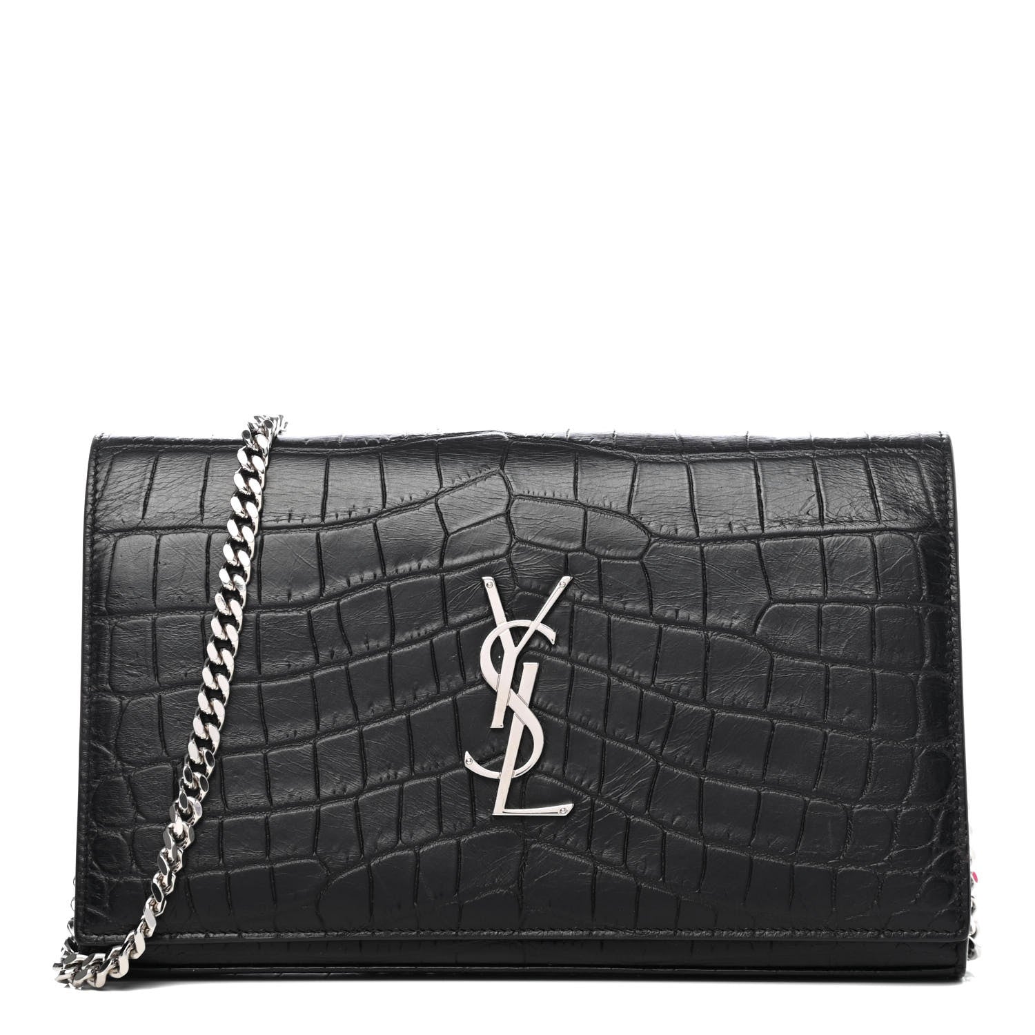 Saint Laurent Calfskin Crocodile Embossed Monogram Chain Wallet Black 1 of 4