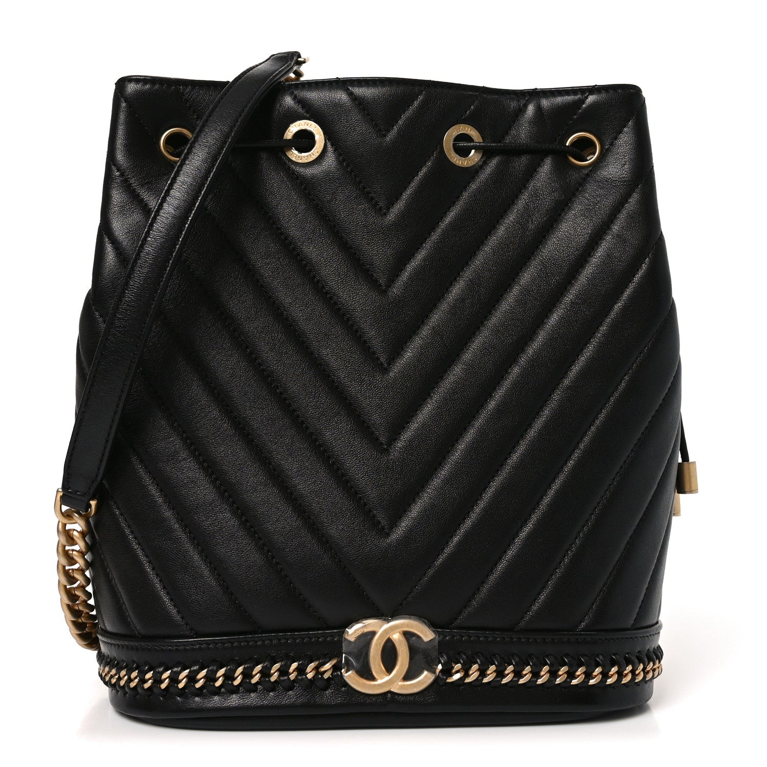 Chanel Sheepskin Chevron Quilted Drawstring Bag Black 1 of 10