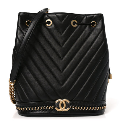 Chanel Sheepskin Chevron Quilted Drawstring Bag Black 1 of 10