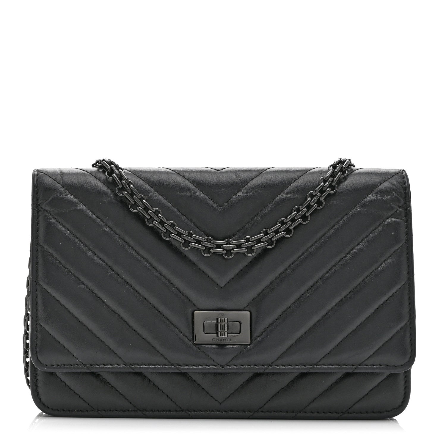 Chanel Aged Calfskin Chevron Quilted Reissue Wallet On Chain WOC So Black 1 of 11
