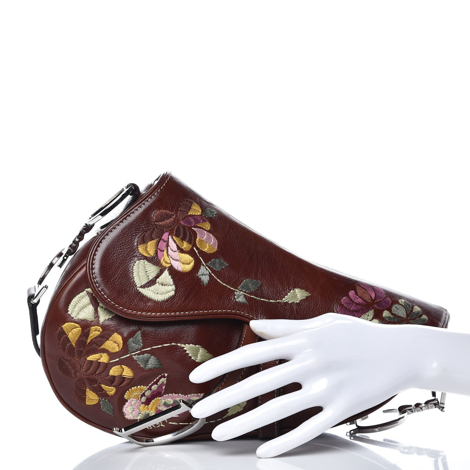 Christian Dior Calfskin Embroidered Romantic Flowers Saddle Bag Brown 2 of 14