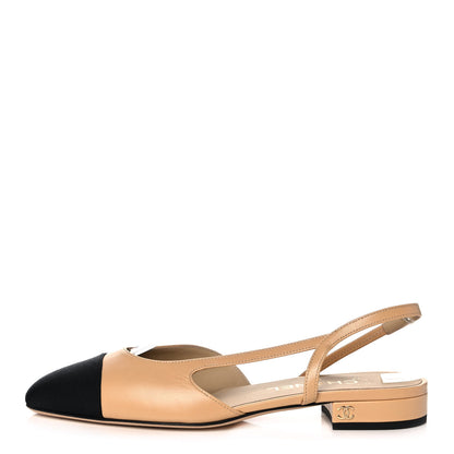 Chanel Lambskin Grosgrain Cap Toe CC Slingback Sandals 36.5 Beige Black 1 of 8