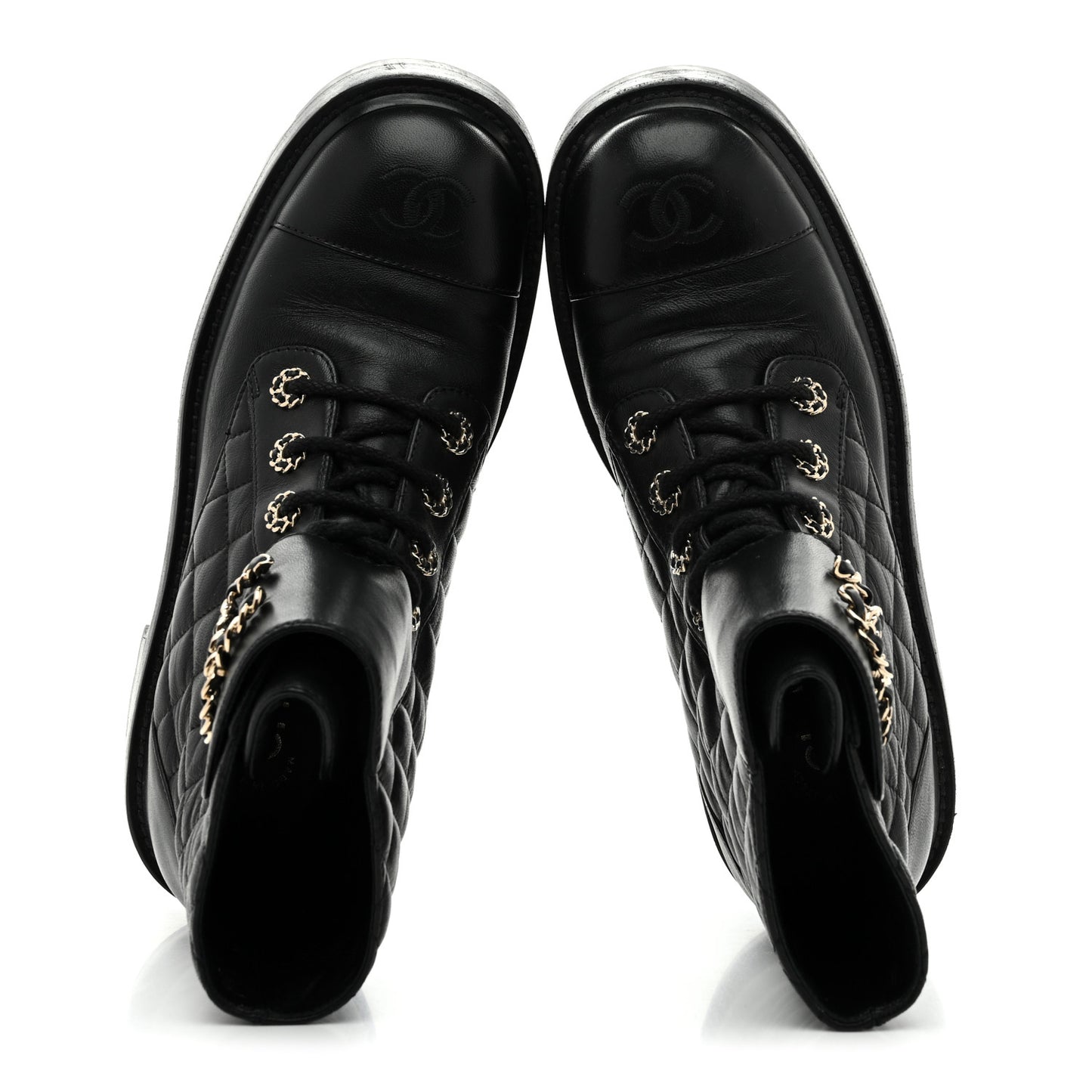 Shiny Lambskin Quilted Lace Up Combat Boots 38 Black