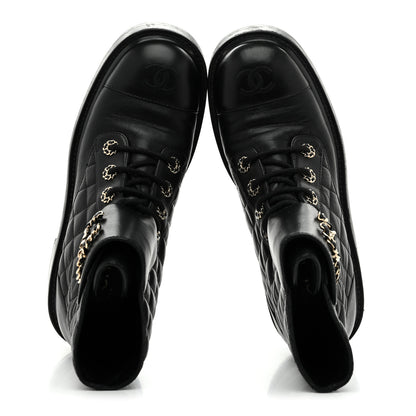 Chanel Shiny Lambskin Quilted Lace Up Combat Boots 38 Black 2 of 9