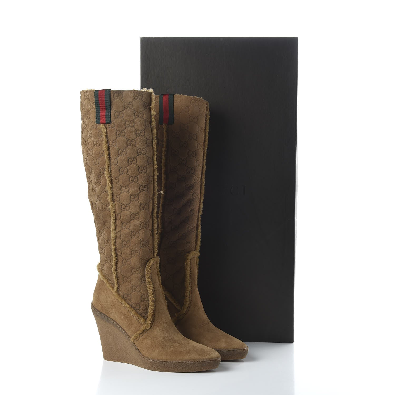 Gucci Suede Shearling Fur Microguccissima Courtney Tall Wedge Boots 8 Beige 7 of 7