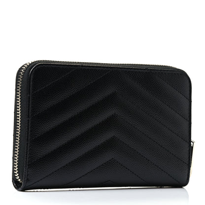 Saint Laurent Grain De Poudre Matelasse Chevron Monogram Zip Around Wallet Black 2 of 4