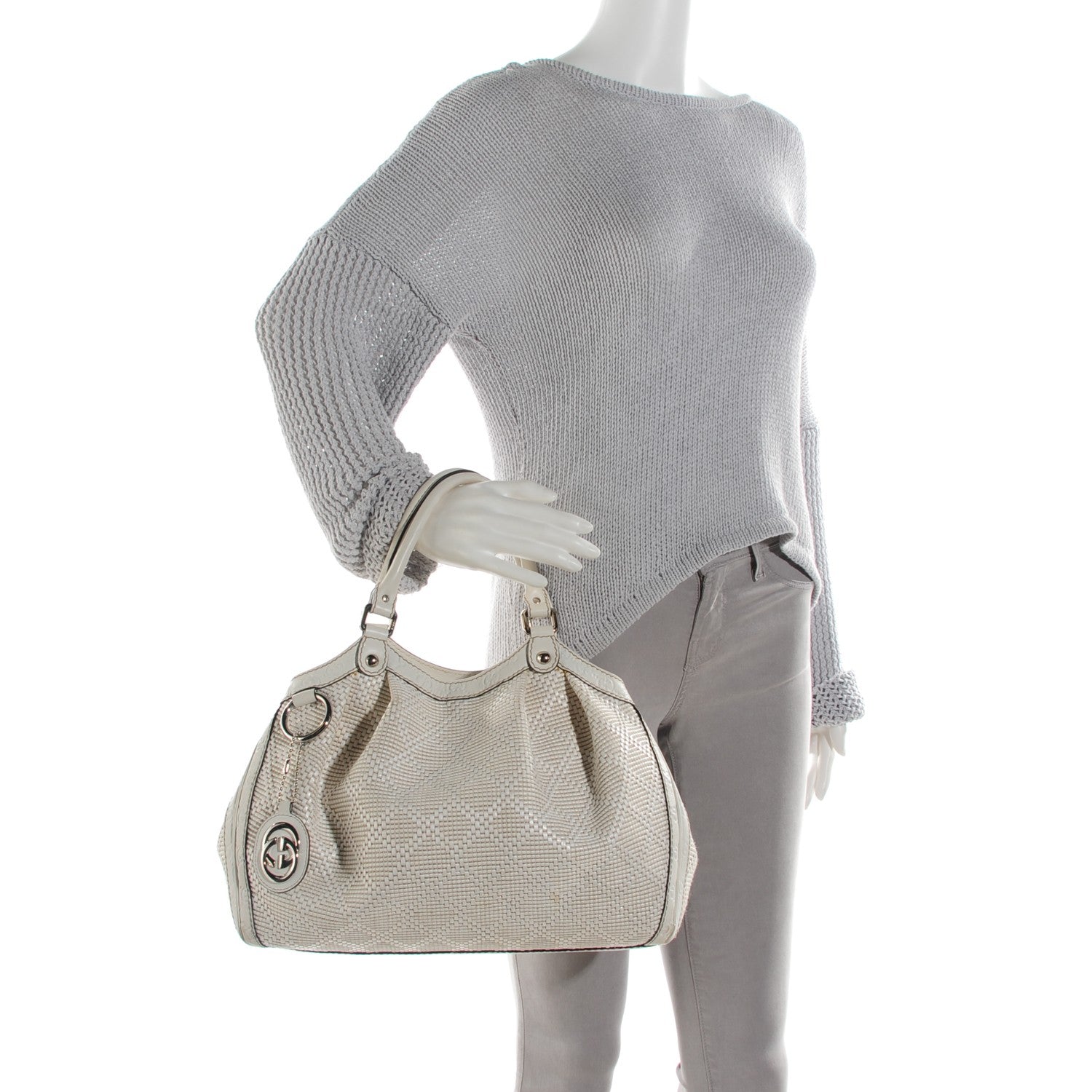 Gucci Woven Raffia Diamante Medium Sukey Tote White 3 of 10