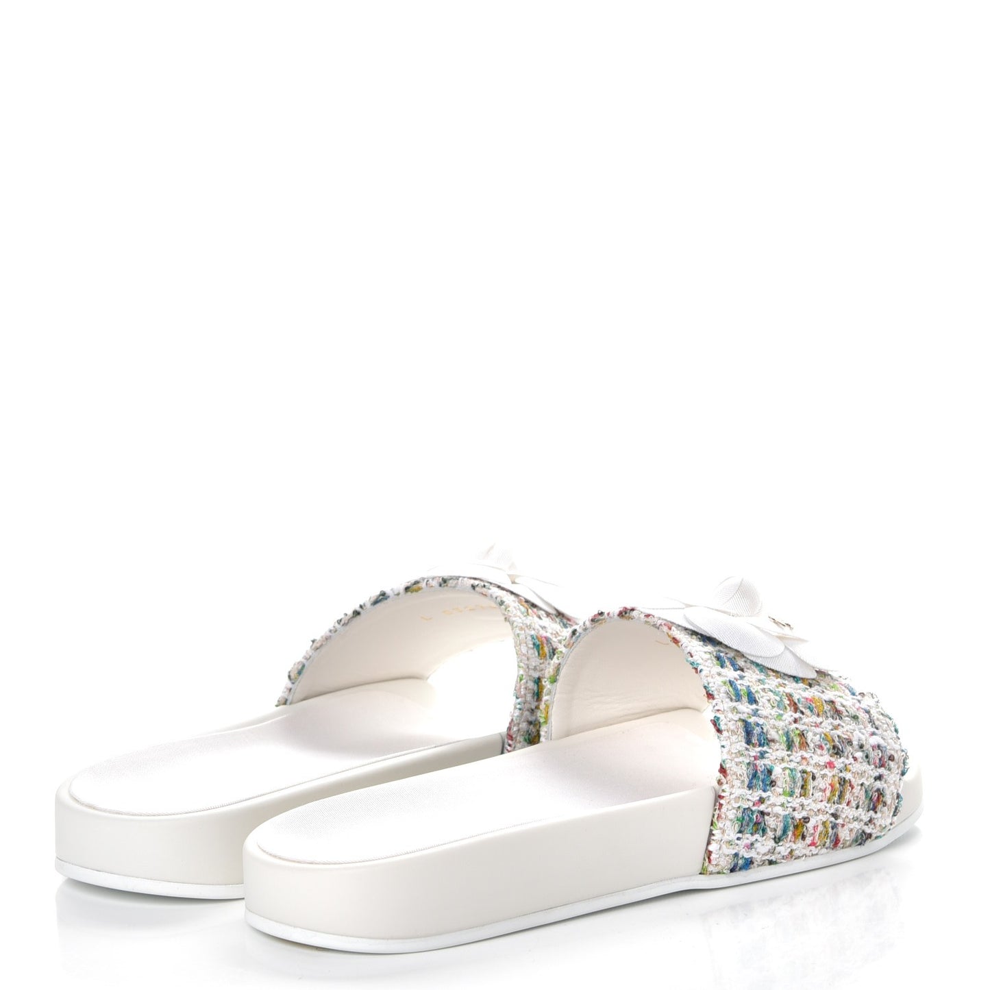 Tweed Grosgrain Camellia CC Flat Mules 38 Ecru Green Ivory