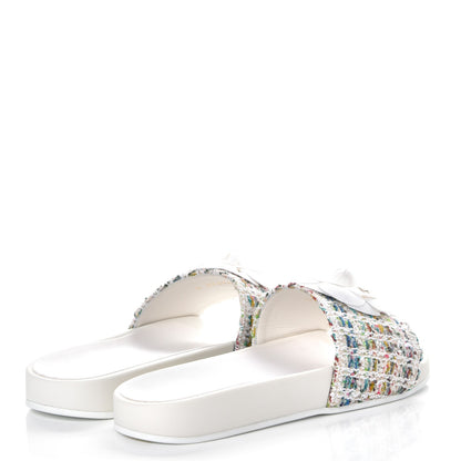 Chanel Tweed Grosgrain Camellia CC Flat Mules 38 Ecru Green Ivory 4 of 10