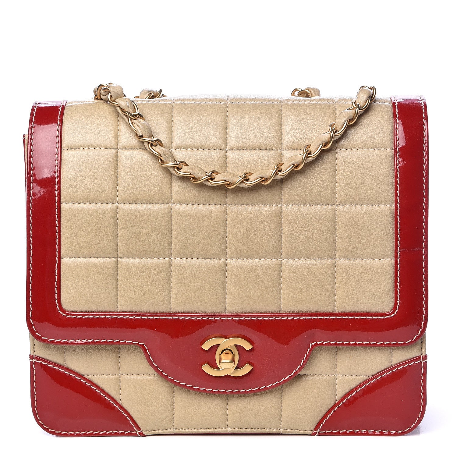 Chanel Lambskin Patent Chocolate Bar Flap Beige Red 1 of 15