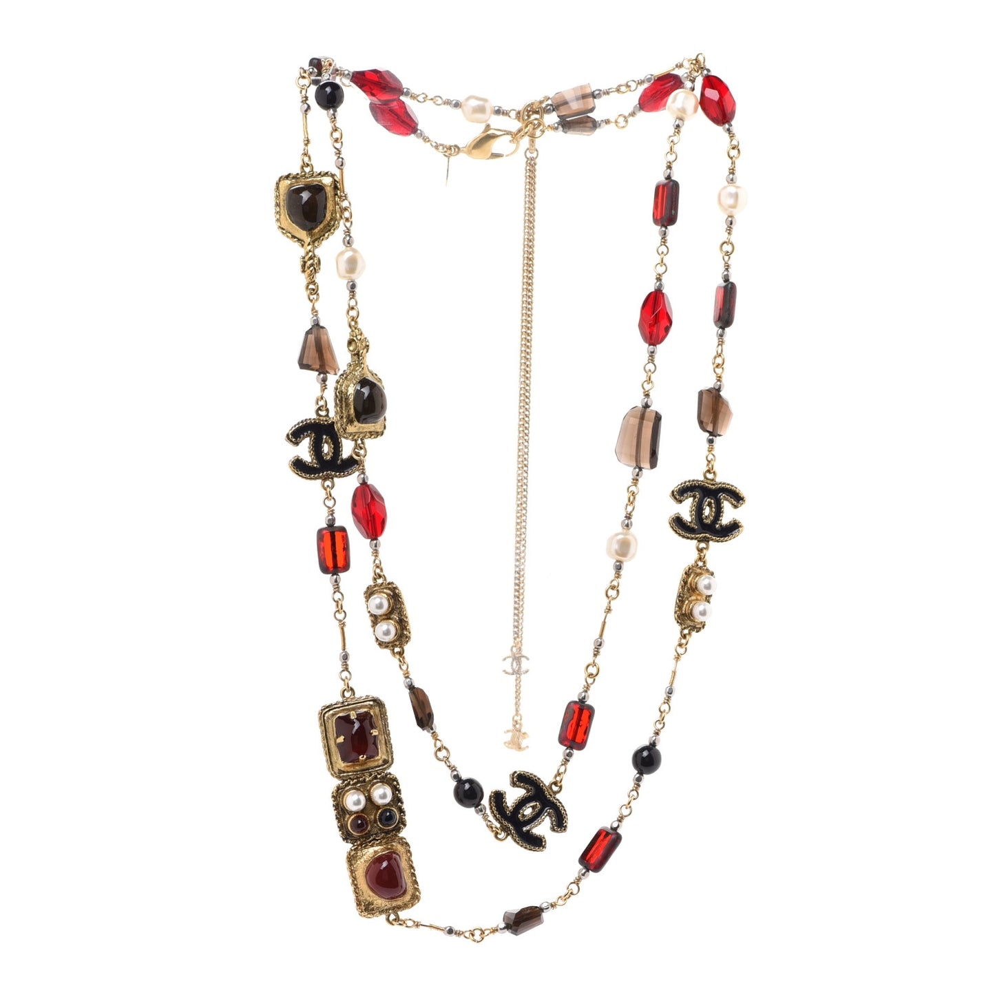 Gripoix Poured Glass Pearl CC Long Necklace Red Gold Multicolor