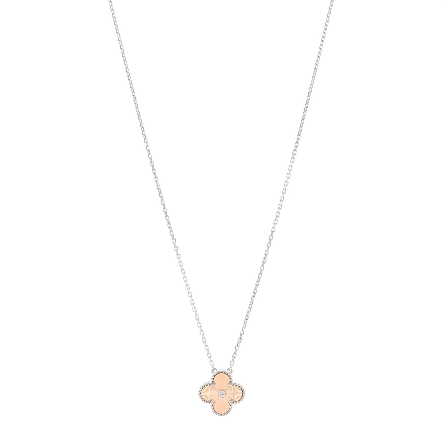 18K White Rose Gold Diamond Guilloche Vintage Alhambra Pendant Necklace