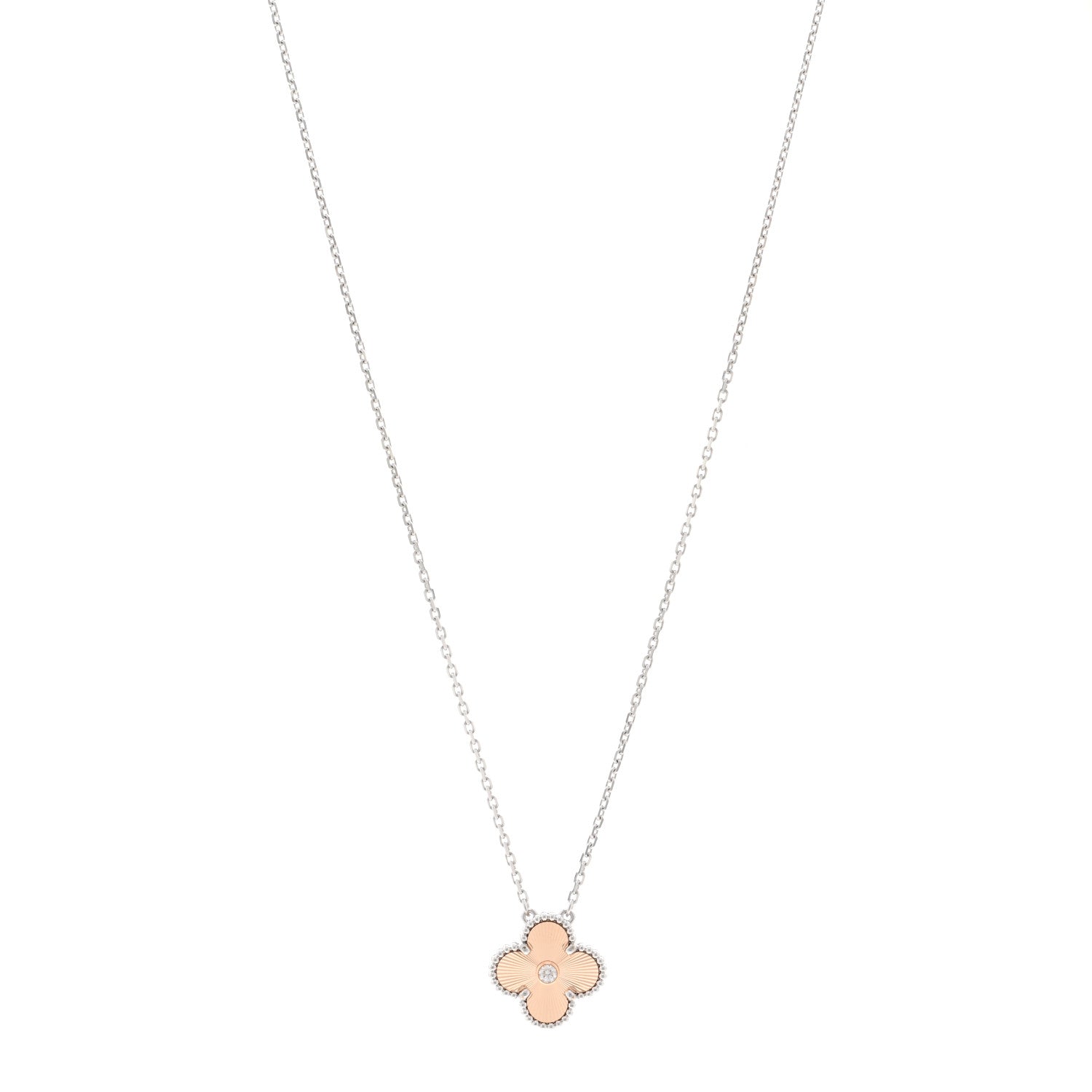 Van Cleef & Arpels 18K White Rose Gold Diamond Guilloche Vintage Alhambra Pendant Necklace 1 of 5