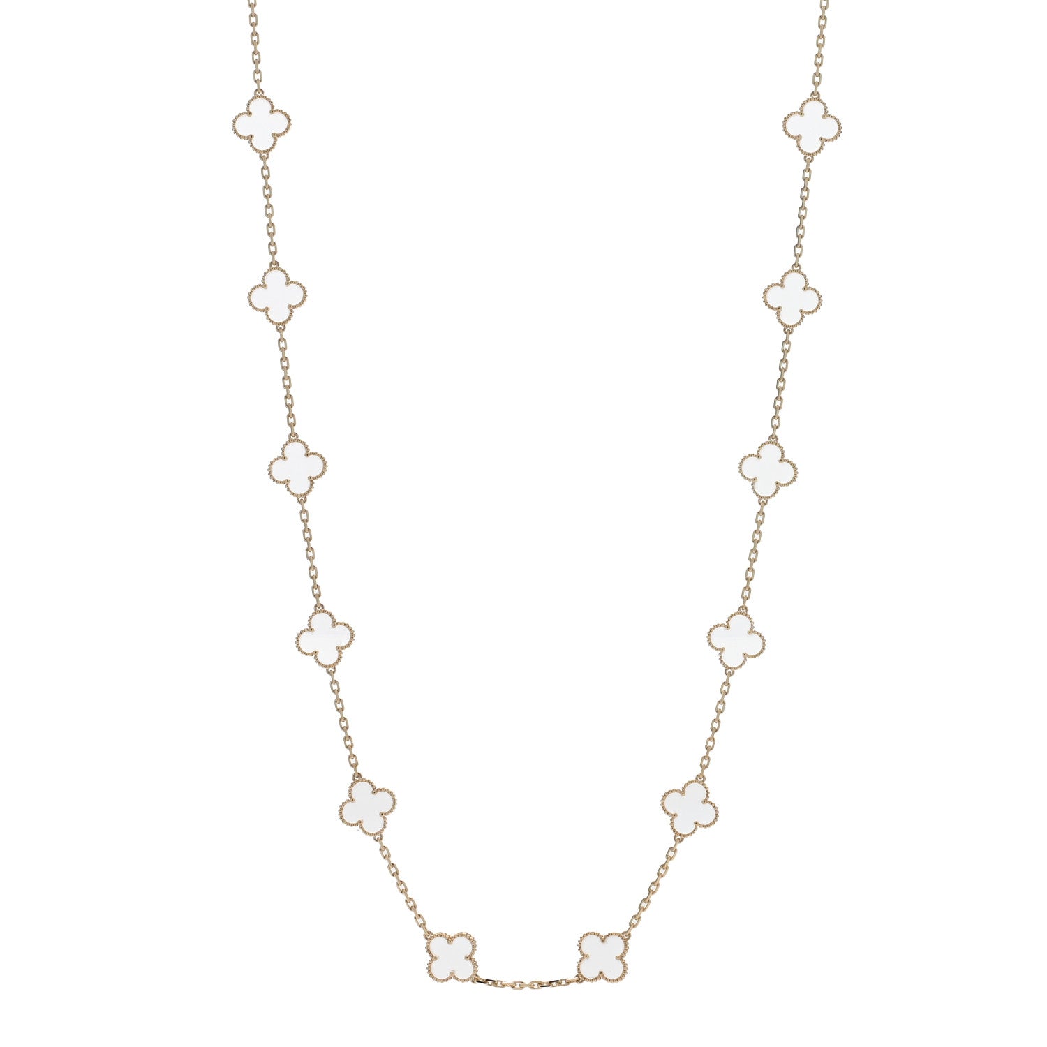 Van Cleef & Arpels 18K Yellow Gold Rock Crystal 20 Motifs Vintage Alhambra Necklace 1 of 5