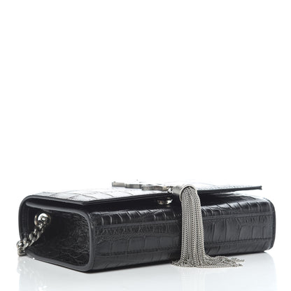 Saint Laurent Calfskin Crocodile Embossed Small Classic Monogram Kate Tassel Satchel Black 4 of 9