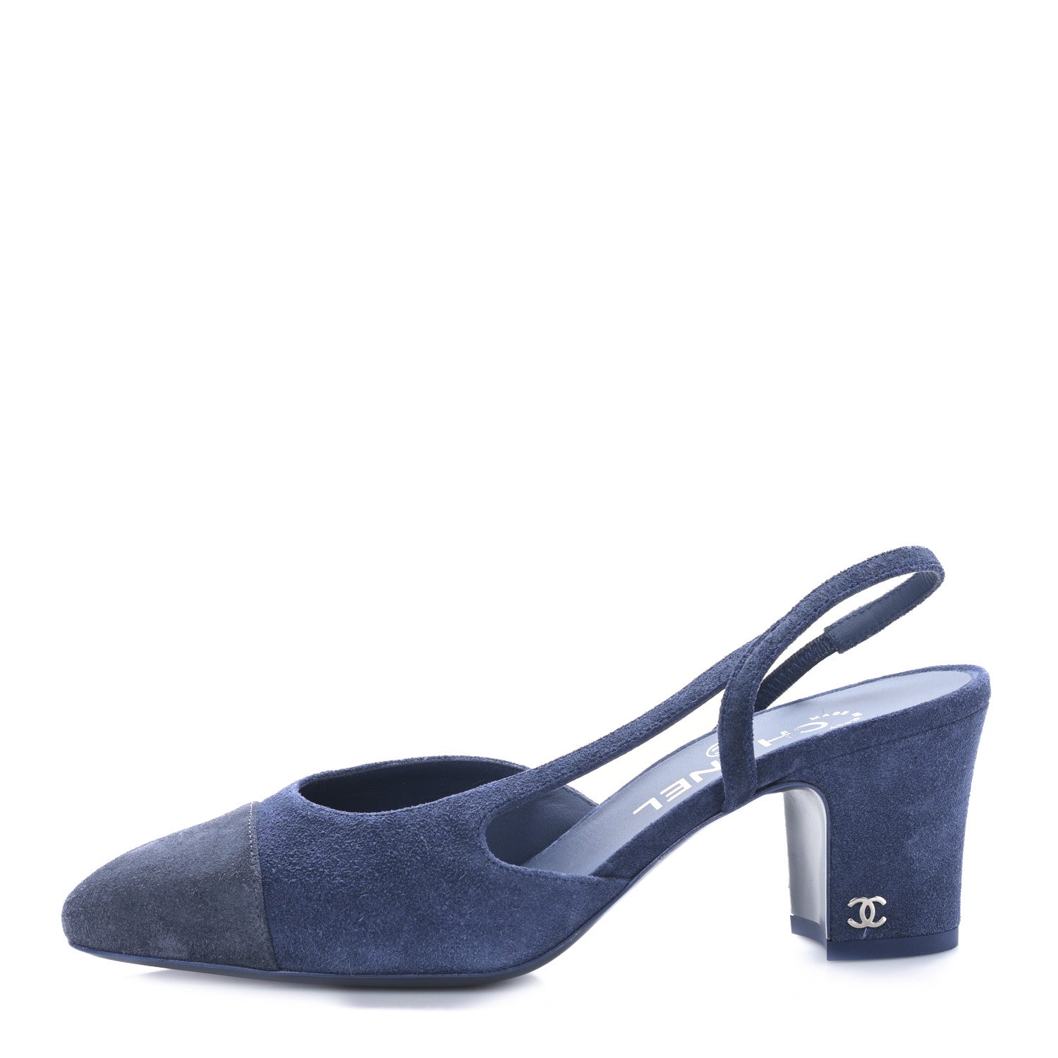 Chanel Suede Cap Toe CC Slingback Pumps 37.5 Blue Black 2 of 16