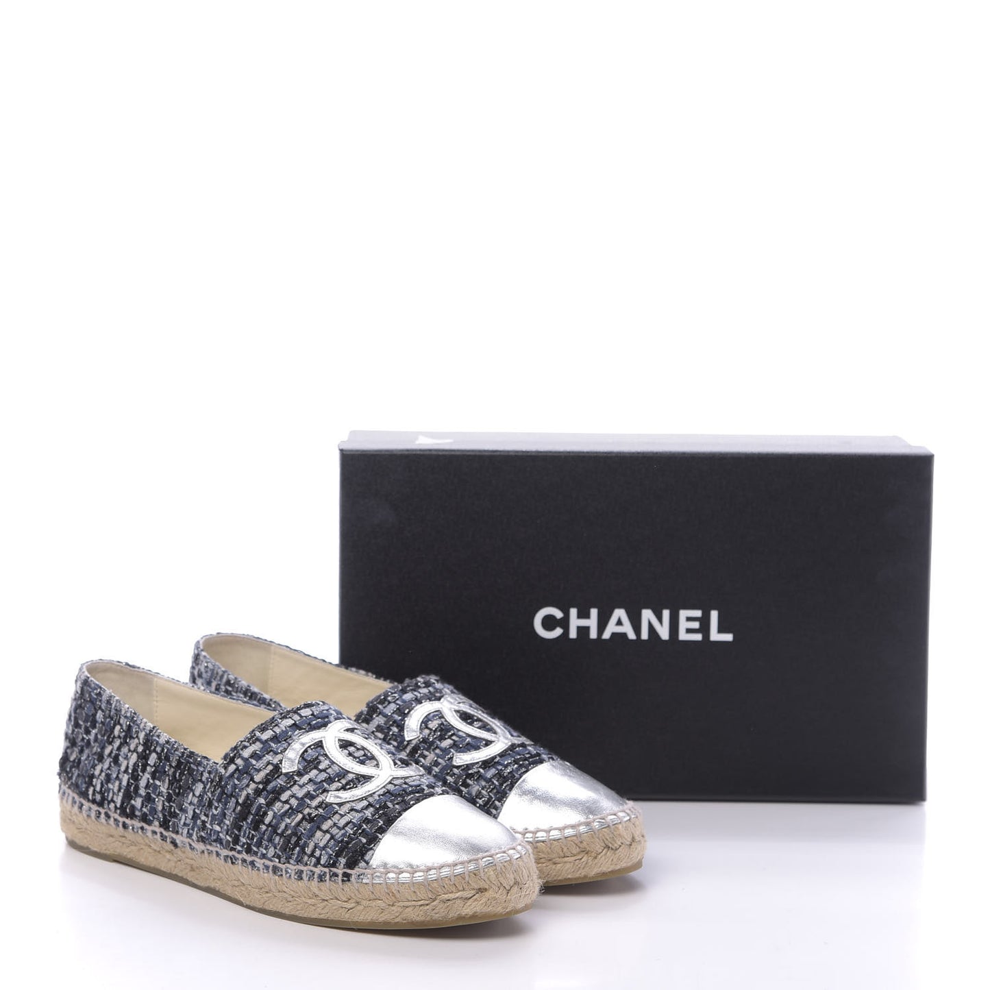 Metallic Tweed Lambskin CC Espadrilles 40 Blue Black Silver