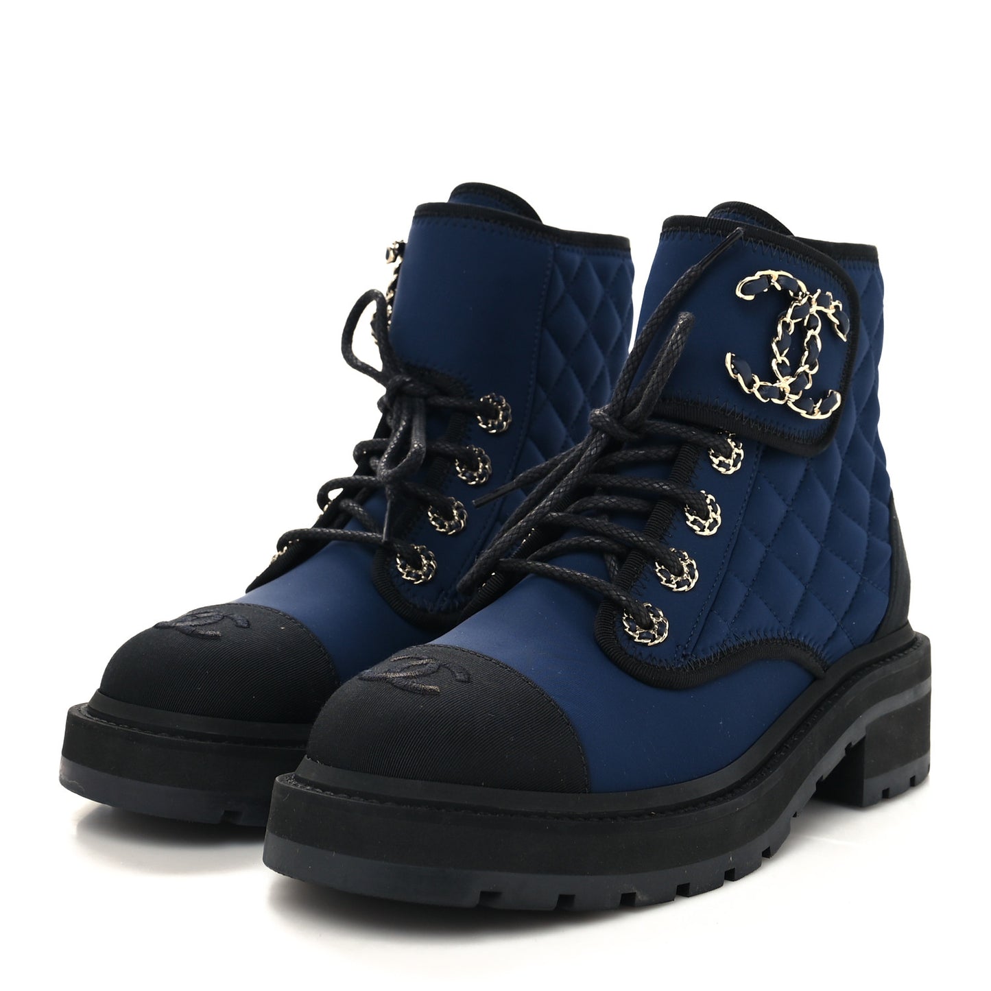 Fabric Grosgrain Quilted Cap Toe Lace Up Combat Boots 36 Navy Black