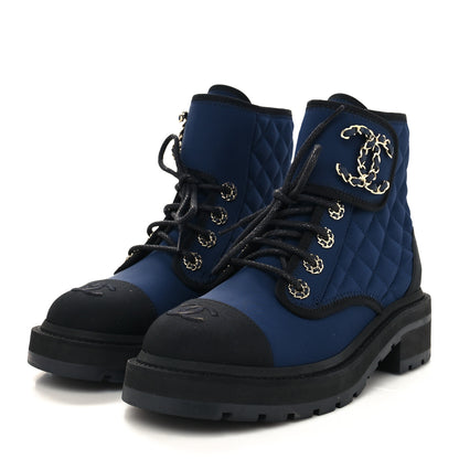 Chanel Fabric Grosgrain Quilted Cap Toe Lace Up Combat Boots 36 Navy Black 3 of 7