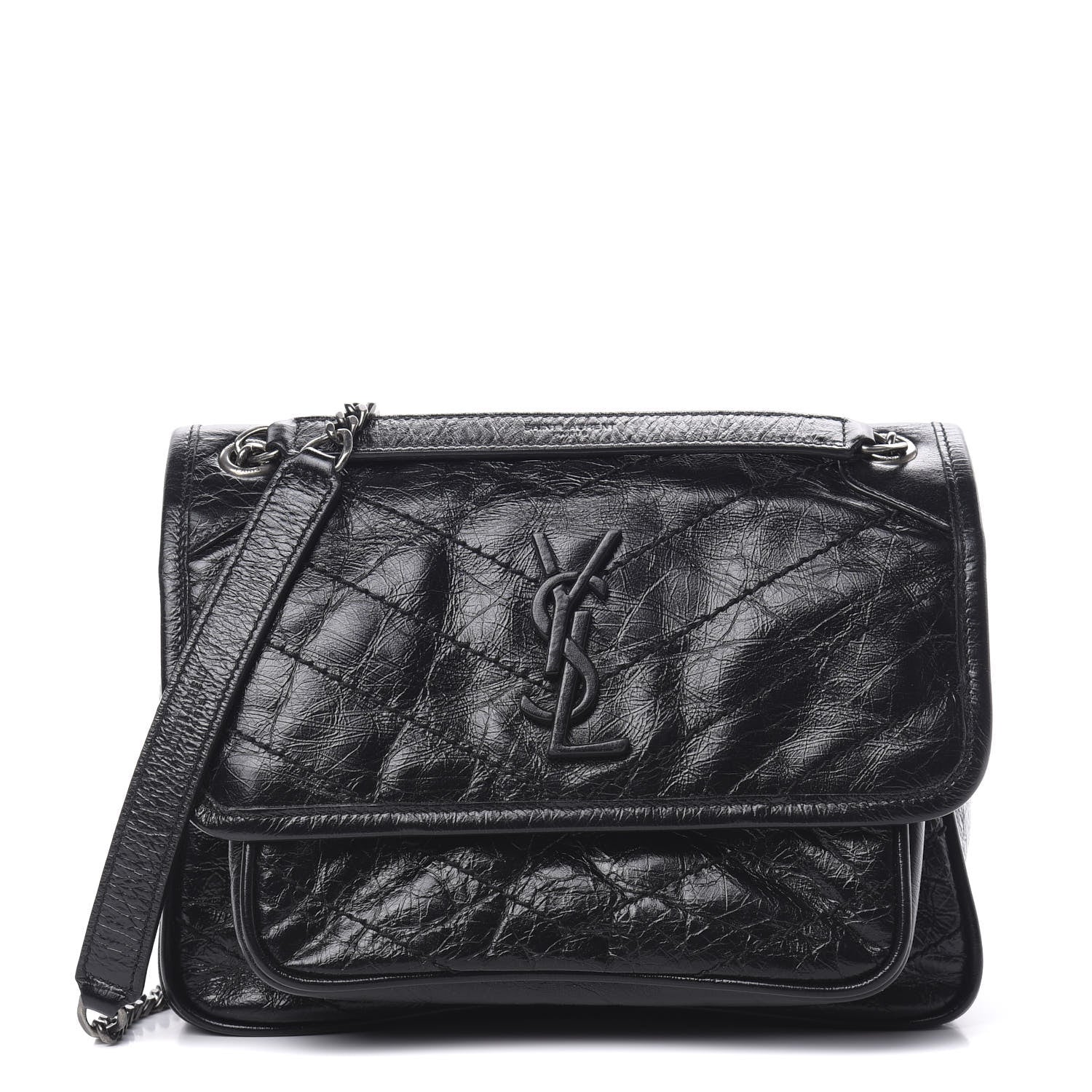 Saint Laurent Crinkled Calfskin Matelasse Monogram Baby Niki Chain Satchel Black 1 of 11