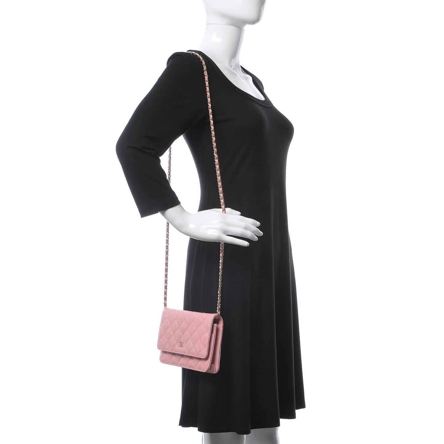 Iridescent Caviar Quilted Wallet on Chain WOC Rose Pink