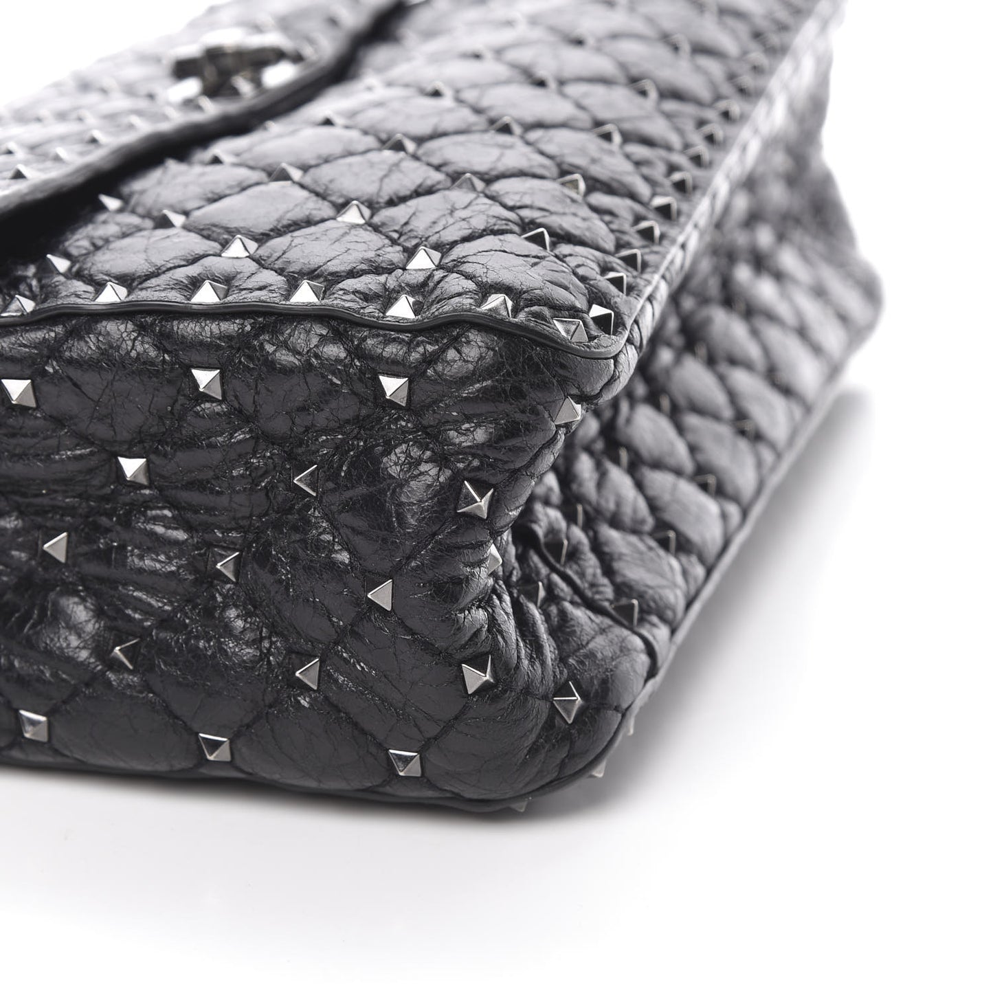 Craquele Nappa Large Rockstud Spike Shoulder Bag Black