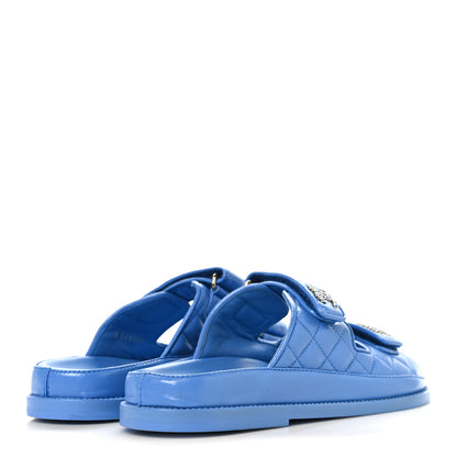 Chanel Lambskin Quilted Velcro Dad Chain CC Slide Sandals 37 Blue 5 of 10