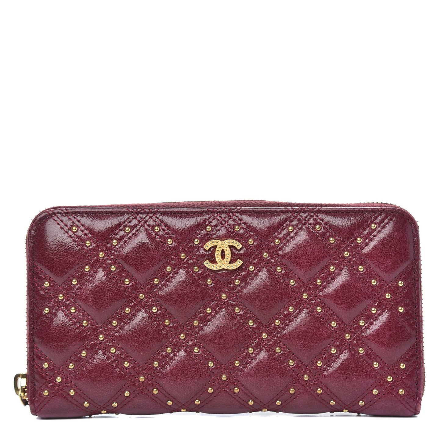 Lambskin Studded Quilted Zip Around Wallet Burgundy