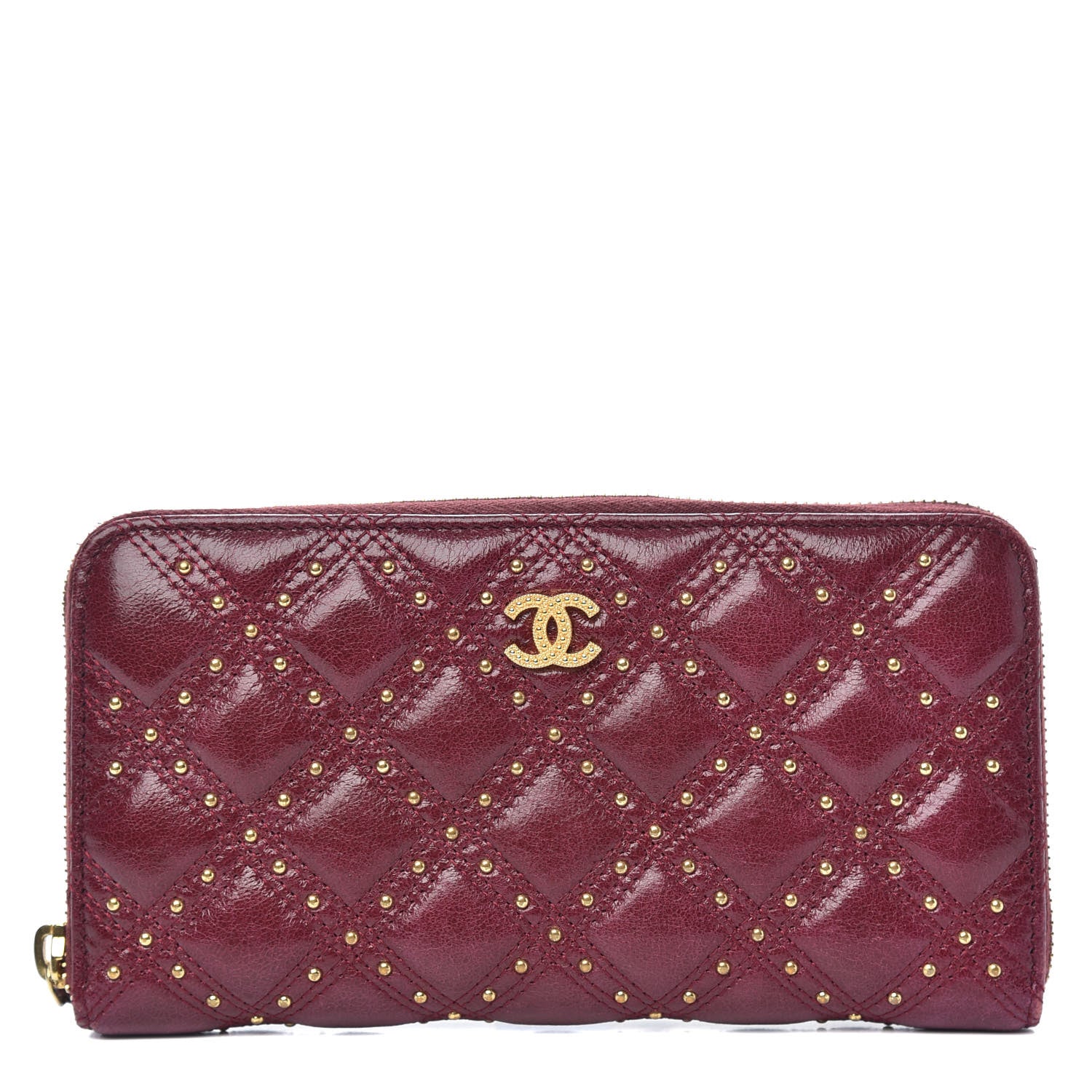 Chanel Lambskin Studded Quilted Zip Around Wallet Burgundy 1 of 13