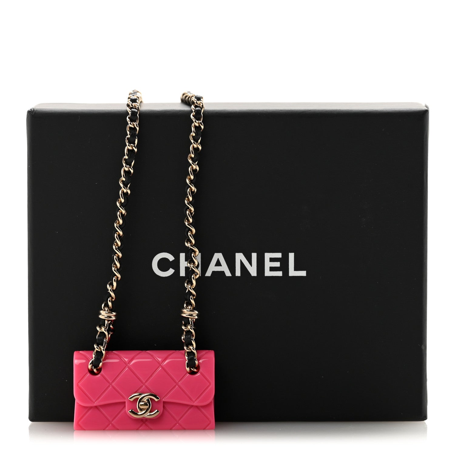 Chanel Metal Resin Lambskin Flap Bag Long Necklace Golden Pink Black 7 of 7