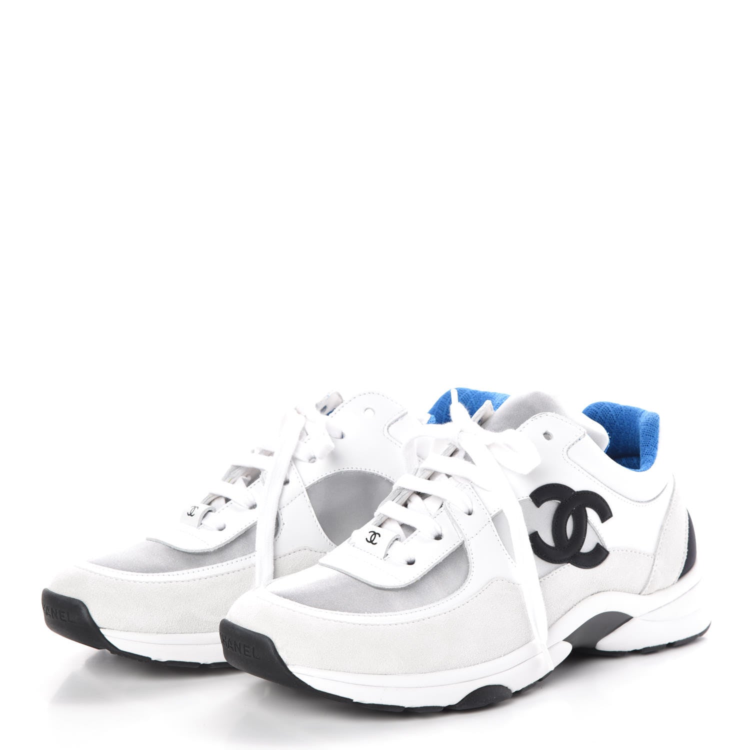 Chanel Suede Calfskin Womens CC Sneakers 39.5 White Silver Blue 3 of 9