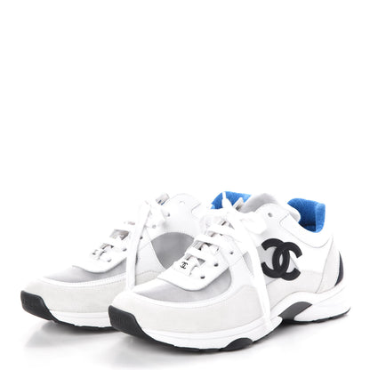 Chanel Suede Calfskin Womens CC Sneakers 39.5 White Silver Blue 3 of 9