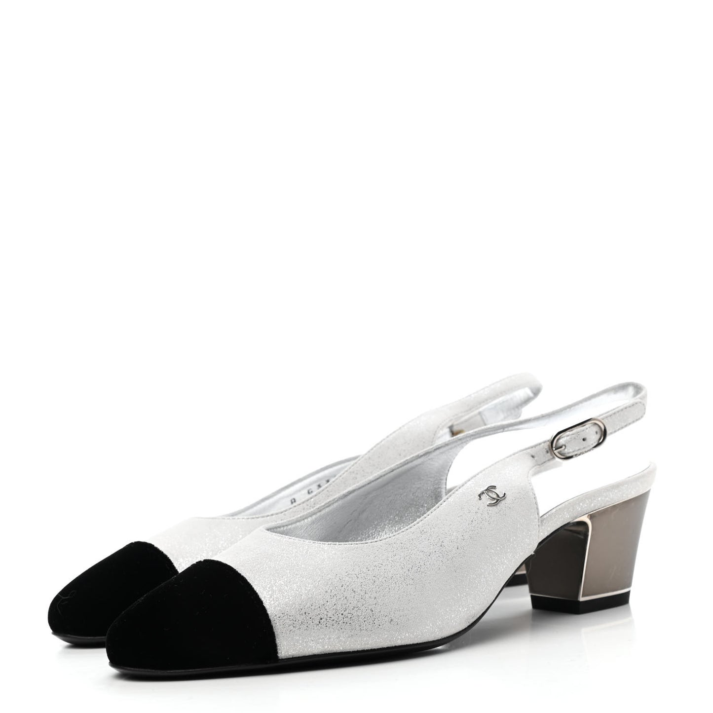 Laminated Goatskin Velvet Cap Toe CC Slingback Sandals 35 Silver Black