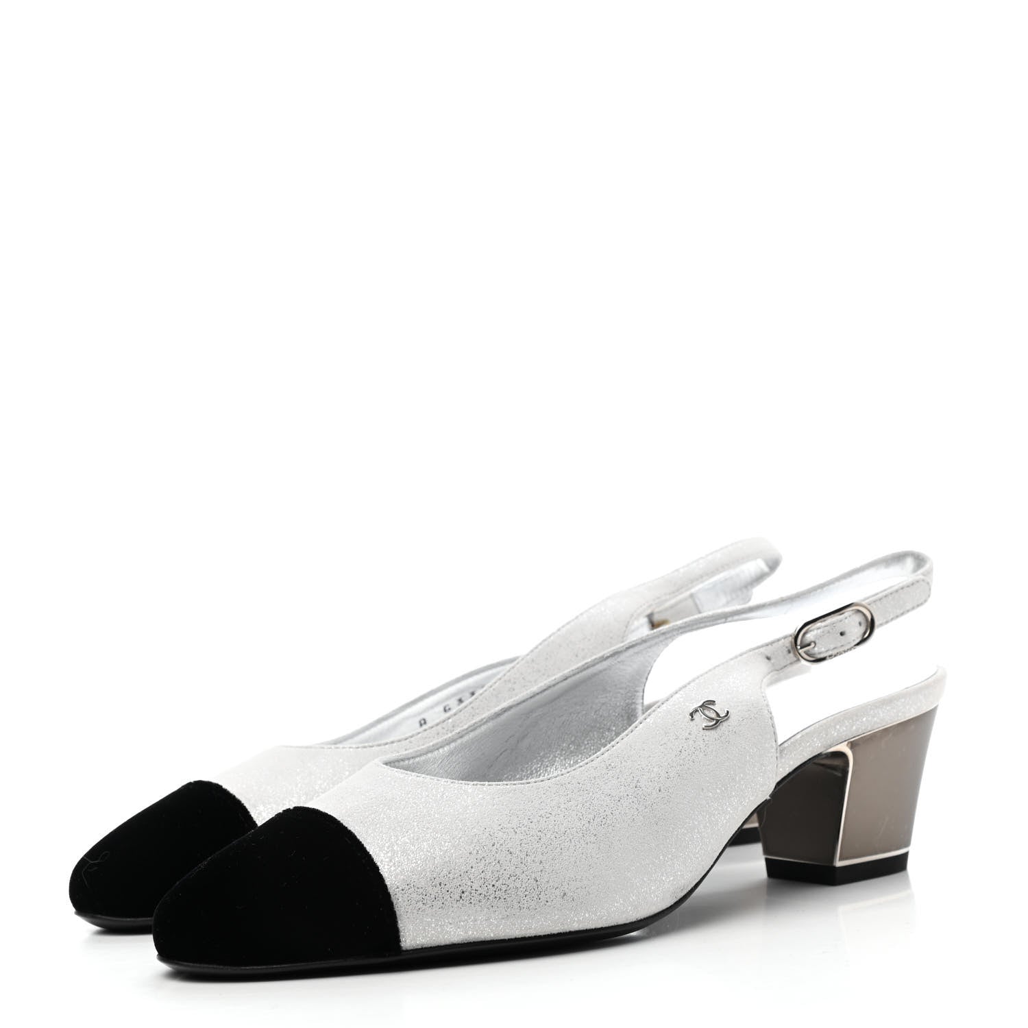 Chanel Laminated Goatskin Velvet Cap Toe CC Slingback Sandals 35 Silver Black 3 of 5