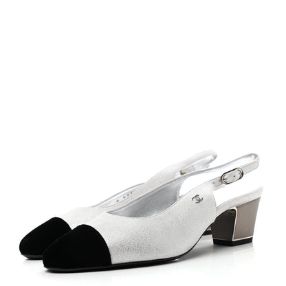 Chanel Laminated Goatskin Velvet Cap Toe CC Slingback Sandals 35 Silver Black 3 of 5