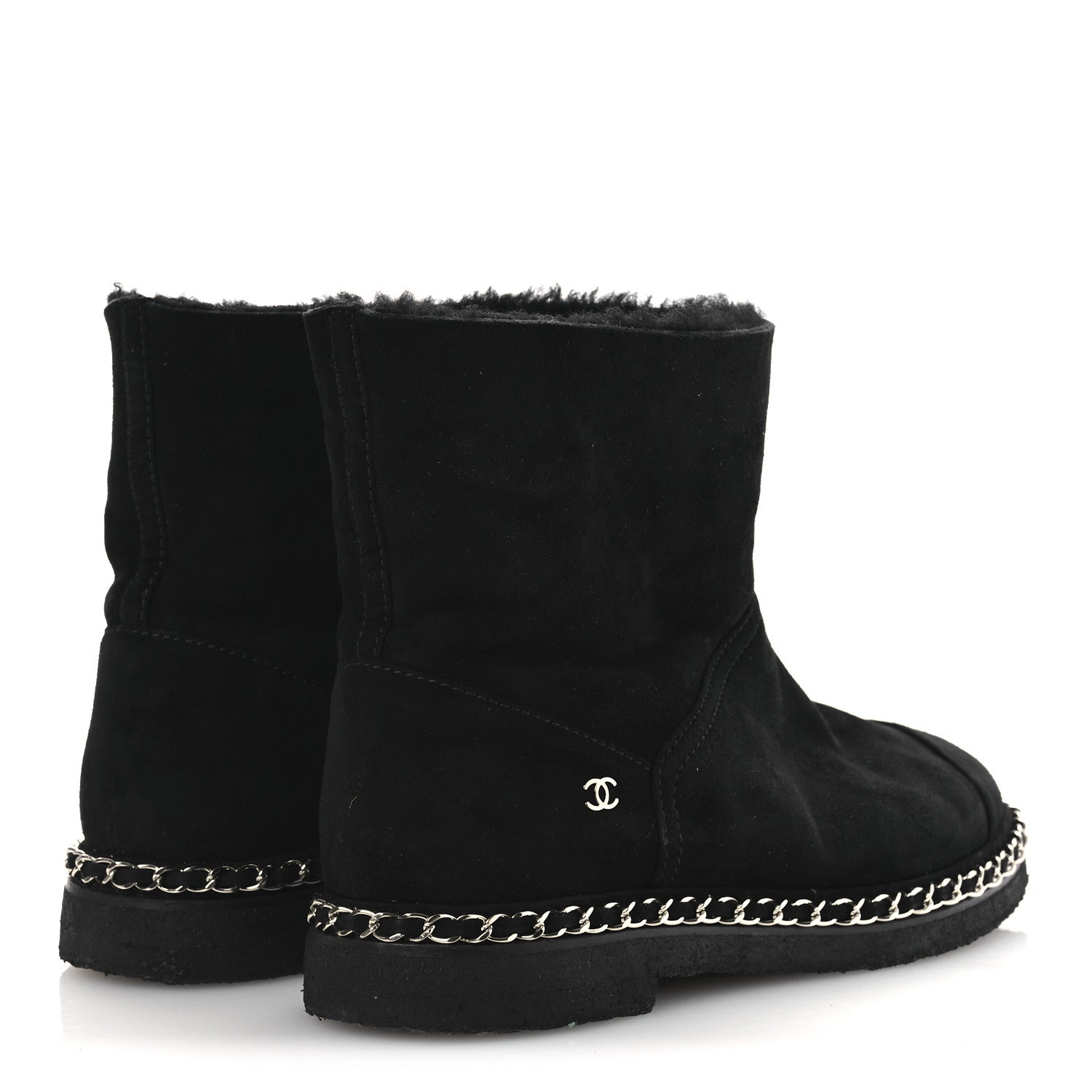 Chanel Kid Suede Shearling Womens Cap Toe Chain Short Boots 38 Black 5 of 13