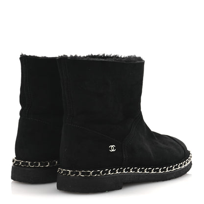 Chanel Kid Suede Shearling Womens Cap Toe Chain Short Boots 38 Black 5 of 13