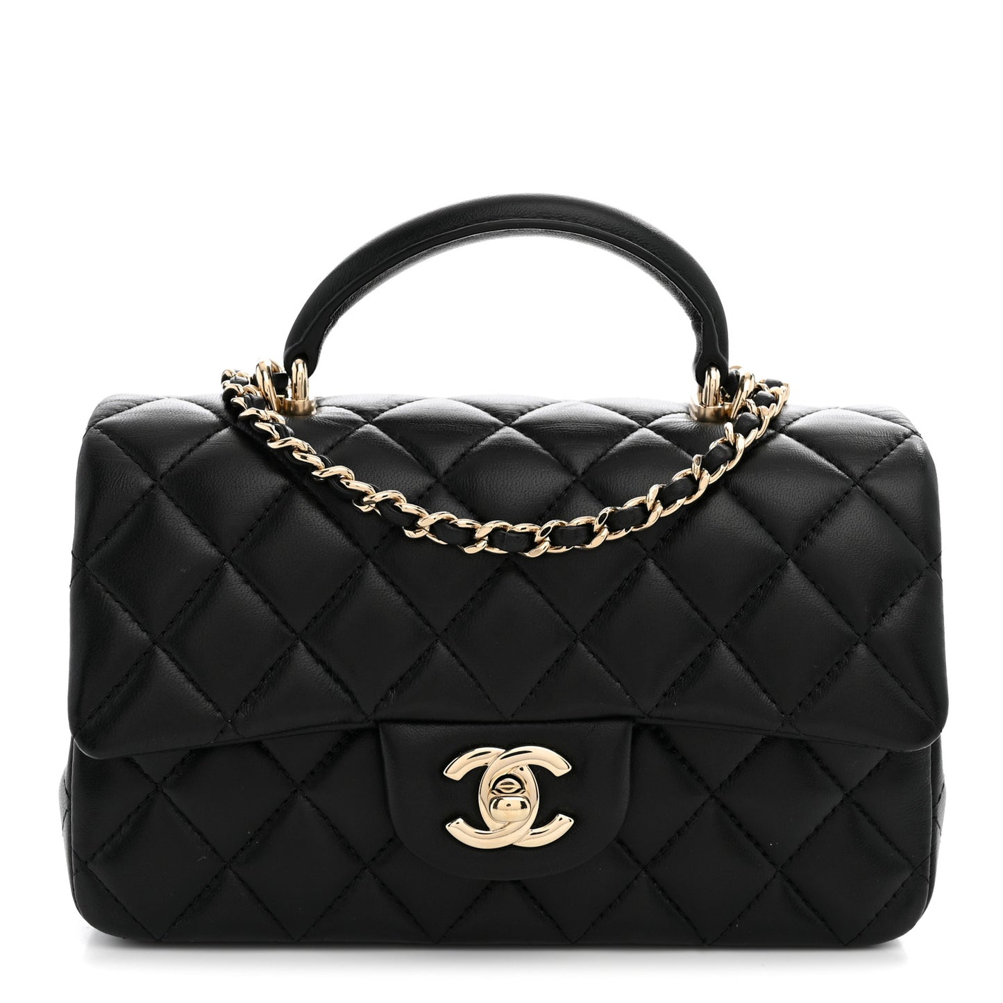 Lambskin Quilted Mini Top Handle Rectangular Flap Black