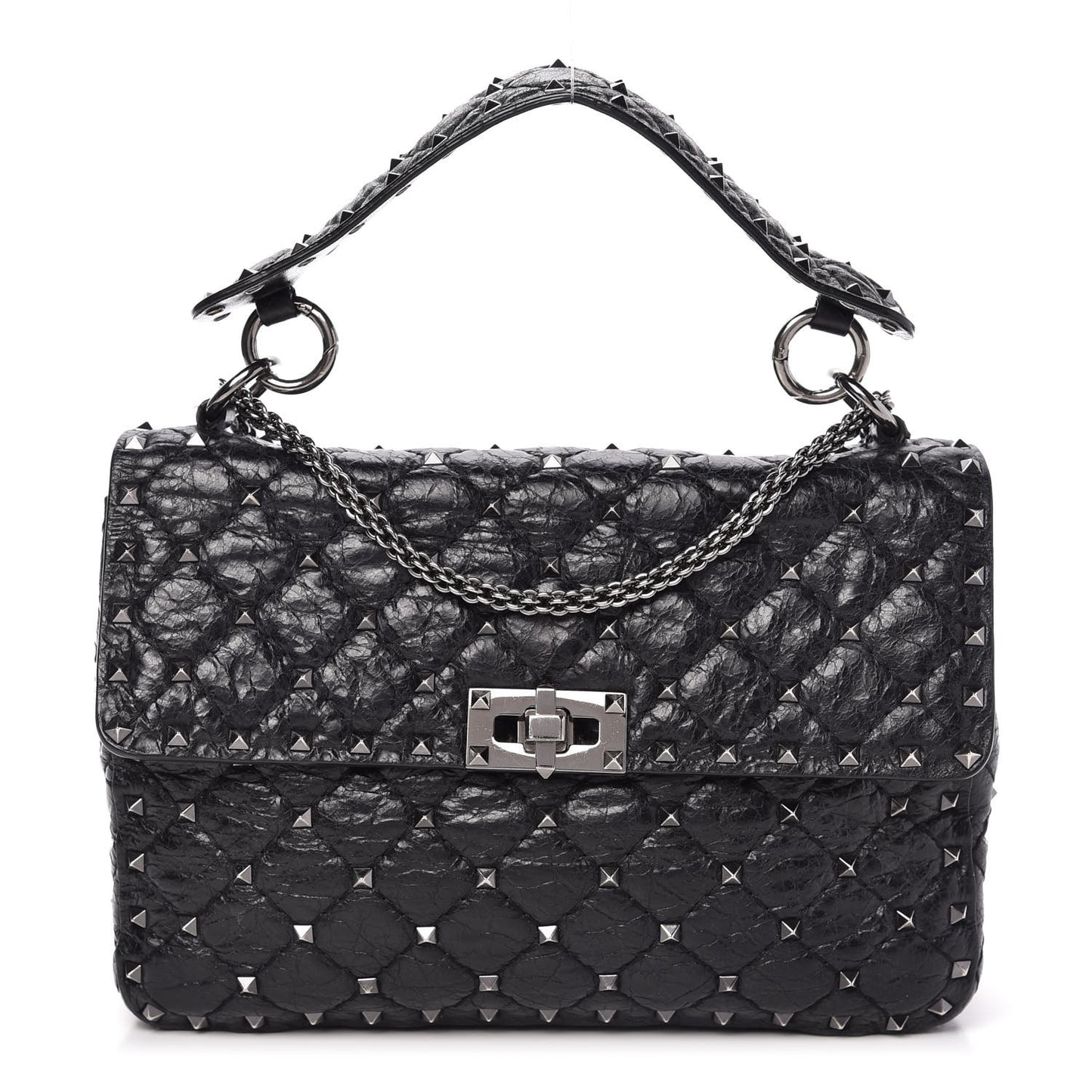Craquele Nappa Medium Rockstud Spike Shoulder Bag Black