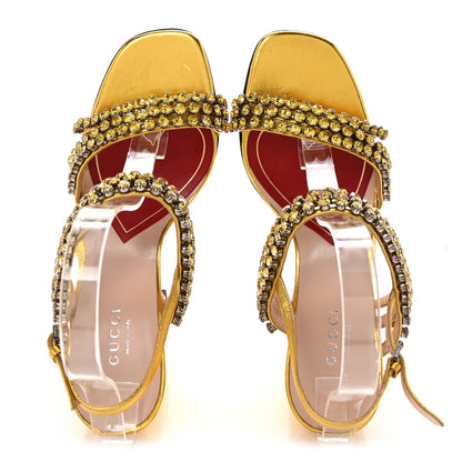 Gucci Nappa Silk Crystal Bertie High Heel Sandals 37.5 Gold 2 of 9