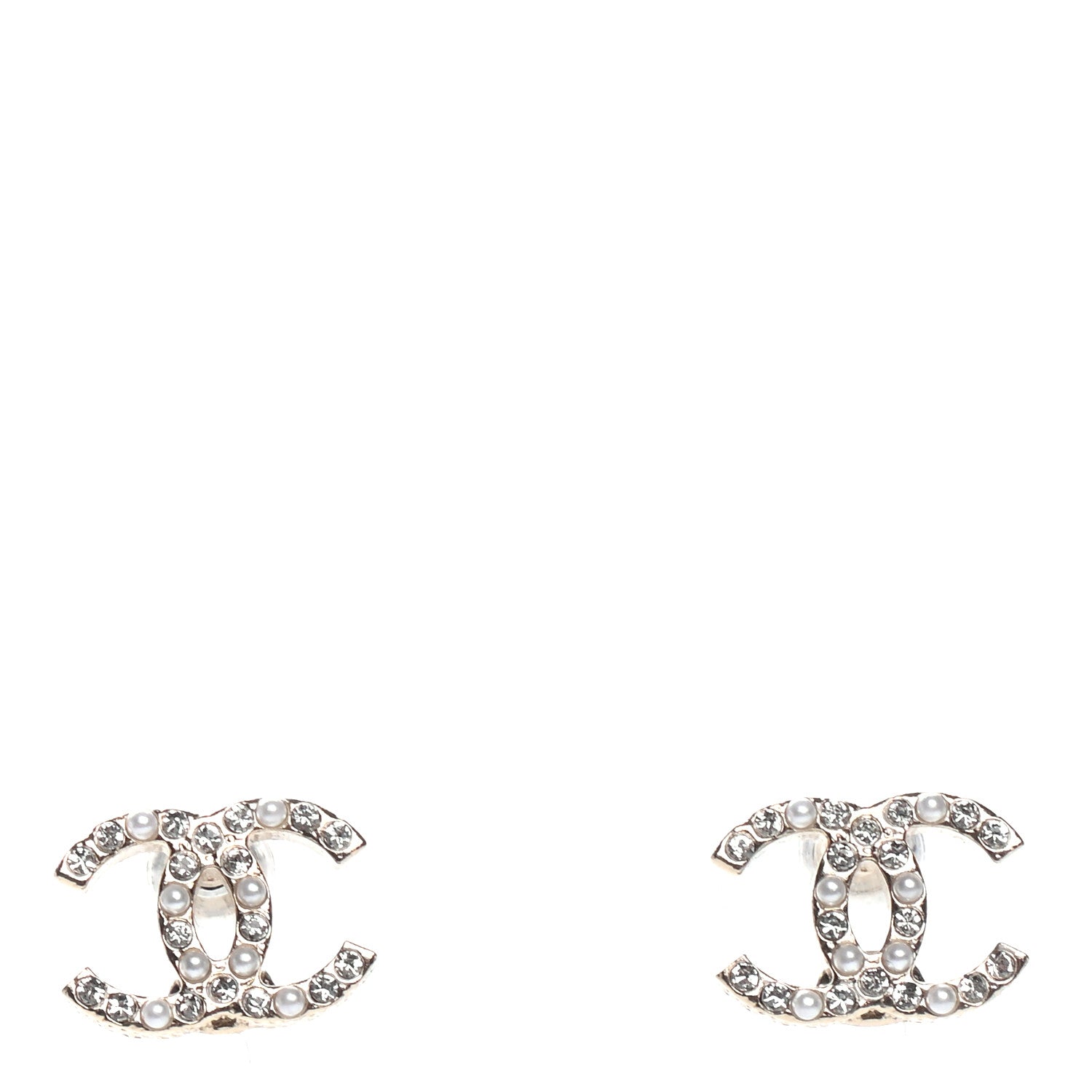 Chanel Pearl Crystal CC Charms Stud Earrings Light Gold 1 of 4