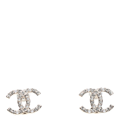 Chanel Pearl Crystal CC Charms Stud Earrings Light Gold 1 of 4