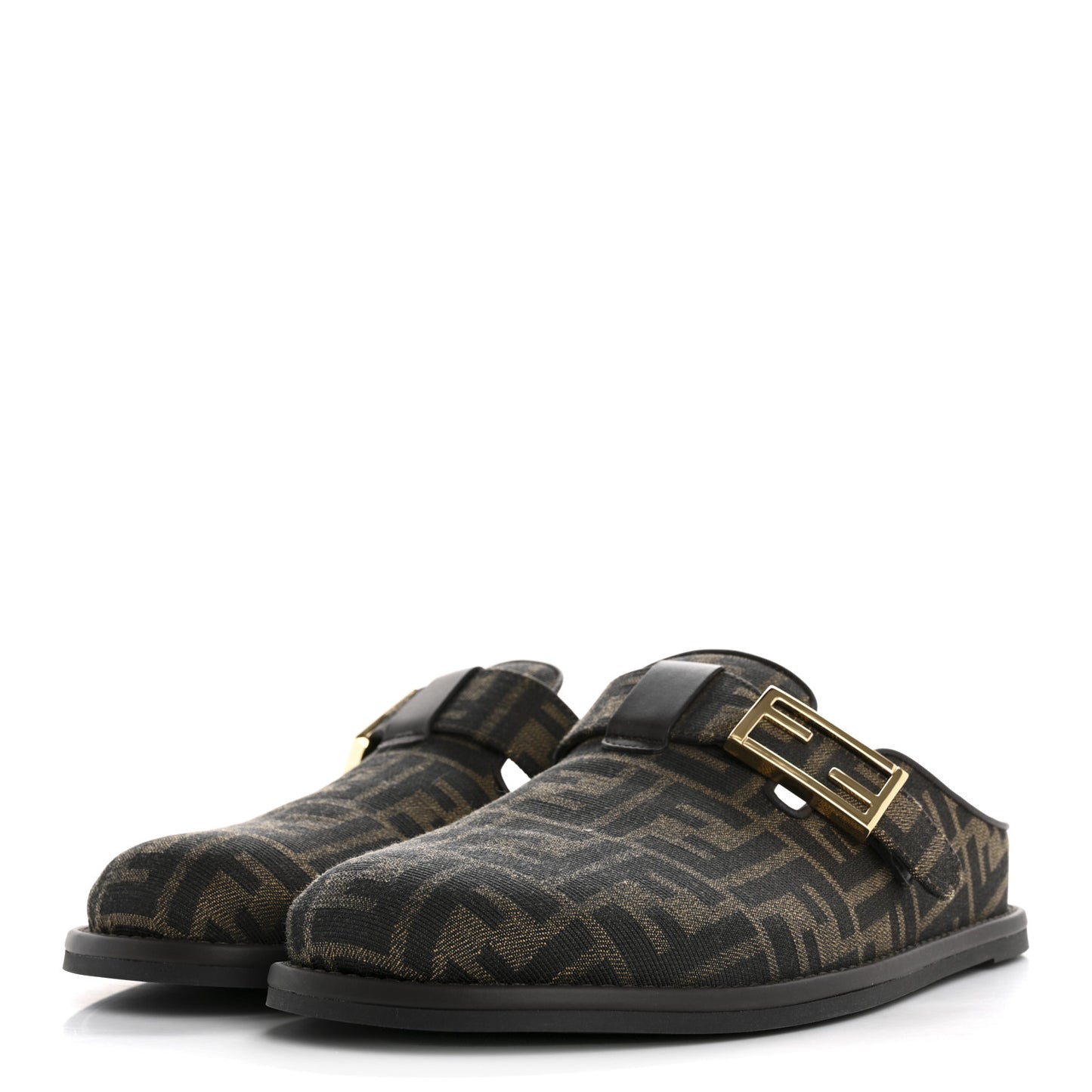 Fabric Jacquard Nappa FF Womens Sabot Mules 39 Tobacco Black